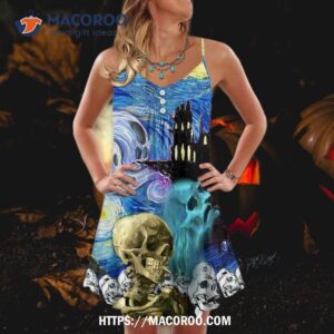 halloween skull smoke scream starry night funny boo art style summer dress 1