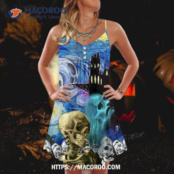 Halloween Skull Smoke Scream Starry Night Funny Boo Art Style Summer Dress