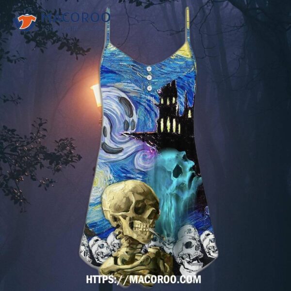 Halloween Skull Smoke Scream Starry Night Funny Boo Art Style Summer Dress