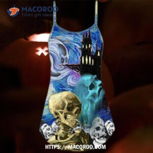 halloween skull smoke scream starry night funny boo art style summer dress 4