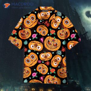 halloween themed pumpkin patterned black and yellow hawaiian shirts 0