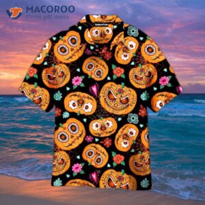 halloween themed pumpkin patterned black and yellow hawaiian shirts 1