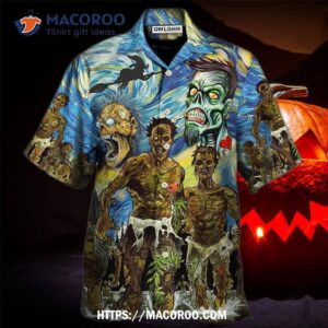 halloween zombie crazy starry night funny boo art hawaiian shirt 0