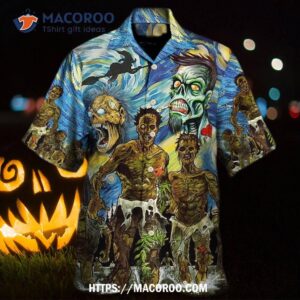 halloween zombie crazy starry night funny boo art hawaiian shirt 1