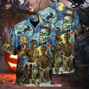 halloween zombie crazy starry night funny boo art hawaiian shirt 2
