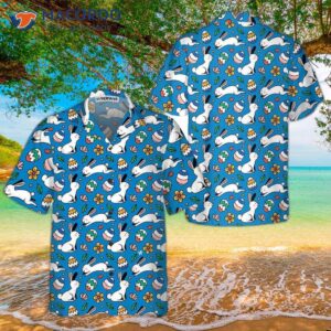 hand drawn colorful easter pattern blue hawaiian shirts 0