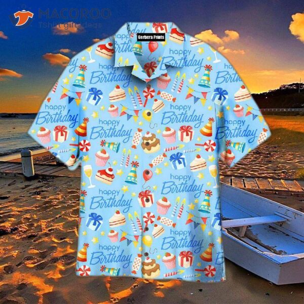 Happy Birthday, Cake Pattern, Blue Hawaiian Shirts