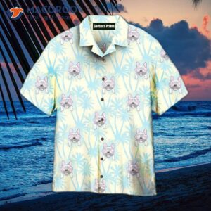 happy bulldog wearing tropical hawaiian shirts 1