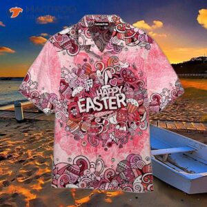 Happy Easter Day! Bunny And Eggs, Pink Hawaiian Shirts.