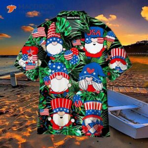 Happy Fourth Of July Outfit! Independence Day Gnomes Dancing In Patriotic Hawaiian Shirts.
