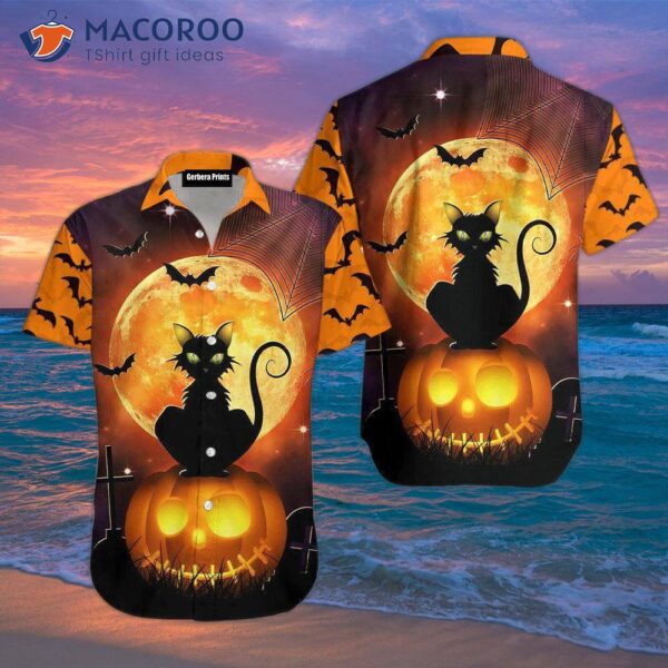 Happy Halloween With Black Cats And Orange Hawaiian Shirts!
