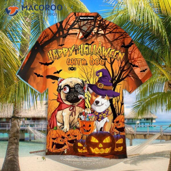 Happy Halloween With Pug And Corgi Dogs Wearing Hawaiian Shirts!