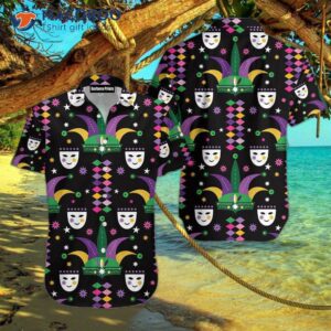happy mardi gras carnival patterned black and colorful hawaiian shirts 0