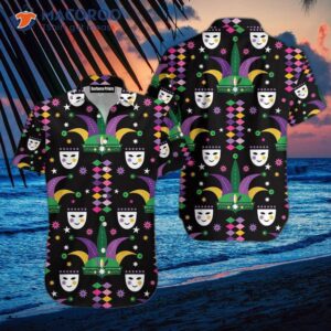 Happy Mardi Gras Carnival Patterned Black And Colorful Hawaiian Shirts