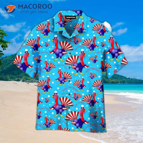 Happy Thanksgiving, American Turkey Pattern Blue Hawaiian Shirts.