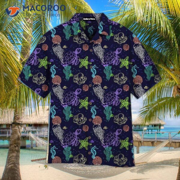 Hawaiian Shirts With A Pattern Of Colorful Sea Life, Including Jellyfish, Turtles, Starfish And Seashells.