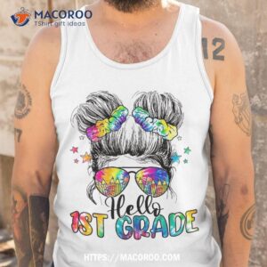 hello 1st grade messy hair bun girl back to school first day shirt tank top