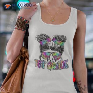 hello 1st grade messy hair bun girl back to school first day shirt tank top 4