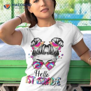 hello 1st grade messy hair bun girl back to school first day shirt tshirt 1 1