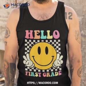 hello first grade back to school groovy teacher student kids shirt tank top