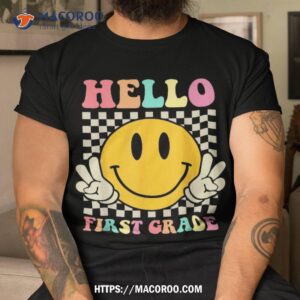 hello first grade back to school groovy teacher student kids shirt tshirt