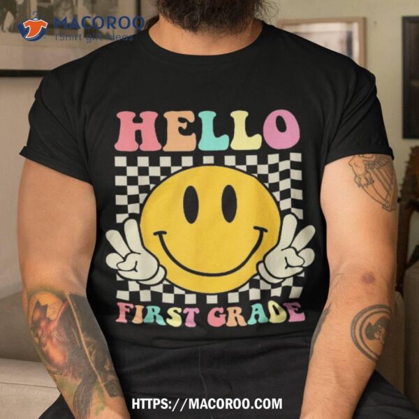 Hello First Grade Back To School Groovy Teacher Student Kids Shirt