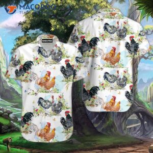 hens roosters and chickens on a farm wearing white hawaiian shirts 0