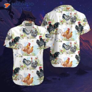hens roosters and chickens on a farm wearing white hawaiian shirts 1