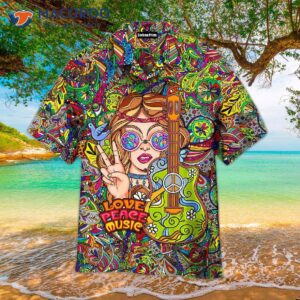 Hippie Music, Love, Peace Guitar, Colorful All-over Pattern Hawaiian Shirts.