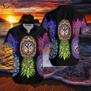 Hippie-patterned Black Hawaiian Shirts With Pineapple Designs