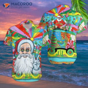 hippie santa claus wears colorful hawaiian shirts in july 1