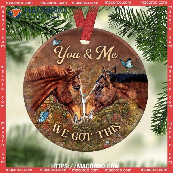 Horse Couple You And Me Butterfly Circle Ceramic Ornament, Ceramic Horse Ornaments