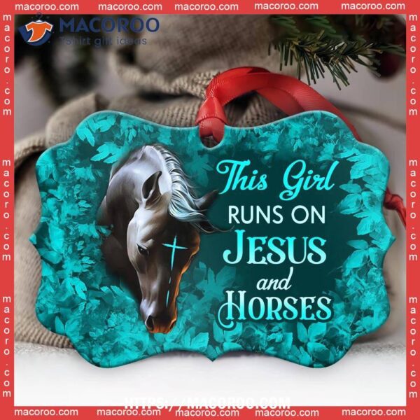 Horse Faith Girl Run On Jesus Metal Ornament, Horse Christmas Ornaments