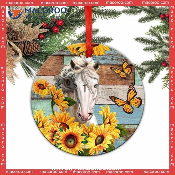 Horse Faith Love Sunflower Circle Ceramic Ornament, White Horse Ornament