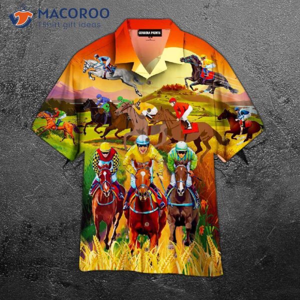 Horses Racing At The Kentucky Derby Wearing Hawaiian Shirts On Pasture