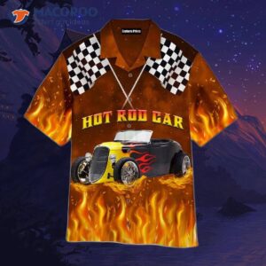 hot rod car racing under flaming flag pattern hawaiian shirt 0