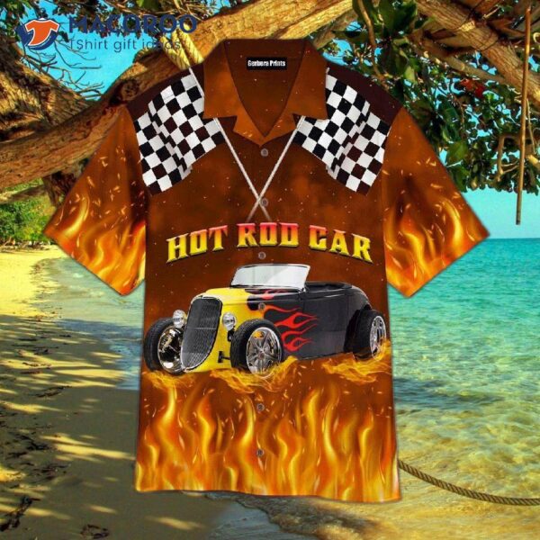 Hot Rod Car Racing Under Flaming Flag Pattern Hawaiian Shirt