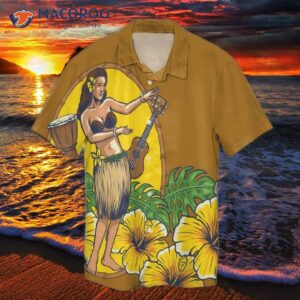 hula girl monstera hibiscus polynesian brown hawaiian shirts 0