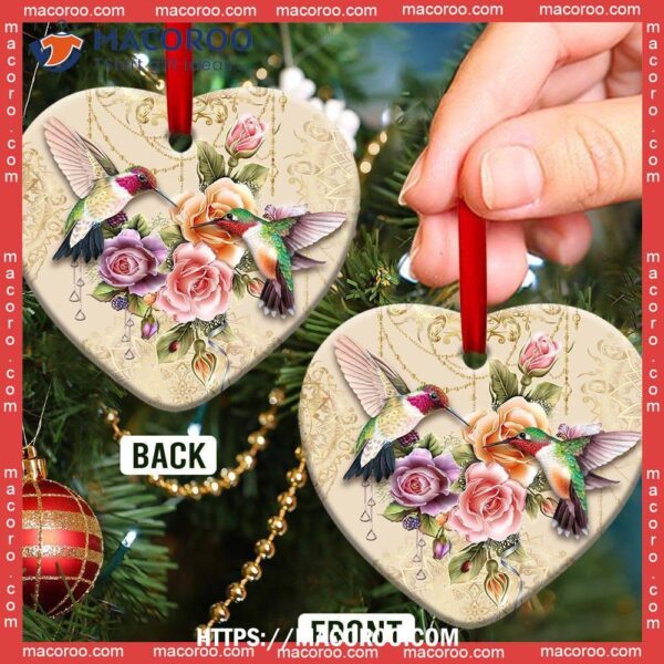 Hummingbird Flower Mandala Beautiful Heart Ceramic Ornament, Hummingbird Xmas Ornaments