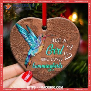 Hummingbird Mandala Leather Style Heart Ceramic Ornament, Hummingbird Christmas Ornament