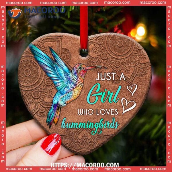 Hummingbird Mandala Leather Style Heart Ceramic Ornament, Hummingbird Christmas Ornament