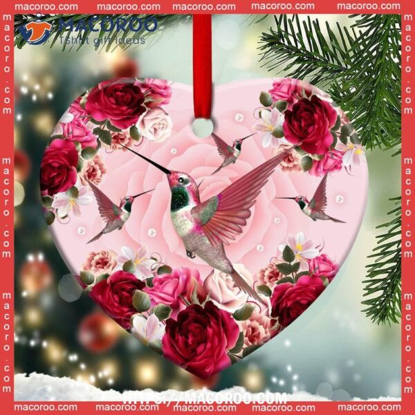 Hummingbird Pink Roses Style Heart Ceramic Ornament, Hummingbird Christmas Ornament