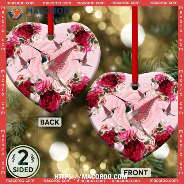 Hummingbird Pink Roses Style Heart Ceramic Ornament, Hummingbird Christmas Ornament