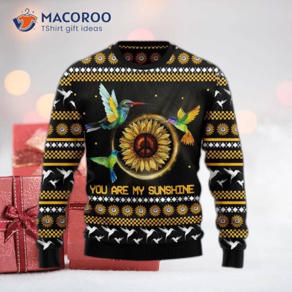 Hummingbird-printed Sunflower-patterned Ugly Christmas Sweater