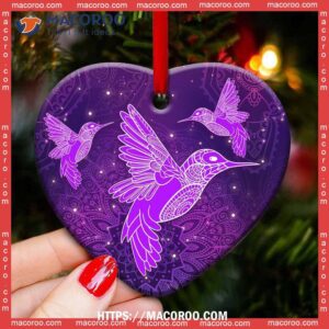 Hummingbird Purple Mandala Style Heart Ceramic Ornament, Christmas Ornament Hummingbird