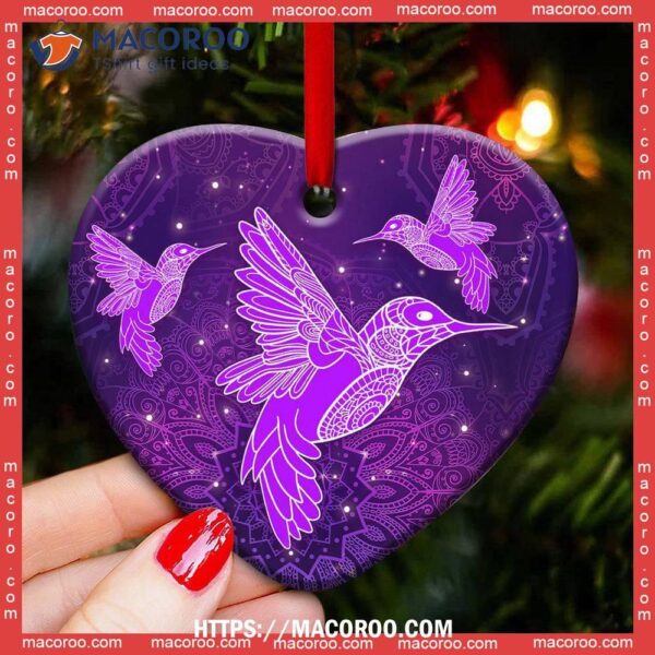 Hummingbird Purple Mandala Style Heart Ceramic Ornament, Christmas Ornament Hummingbird