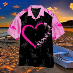 I Love Pink Flamingo Patterned Black Hawaiian Shirts.