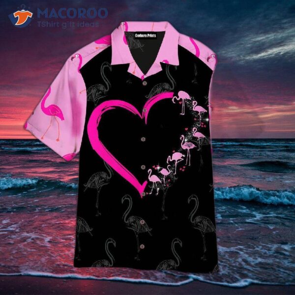 I Love Pink Flamingo Patterned Black Hawaiian Shirts.