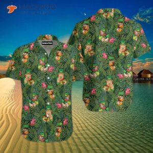 irish leprechaun print tropical green hawaiian shirts 0