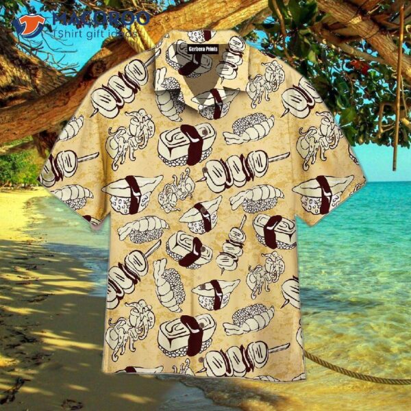 Japanese Food Patterned Yellow And White Hawaiian Shirts